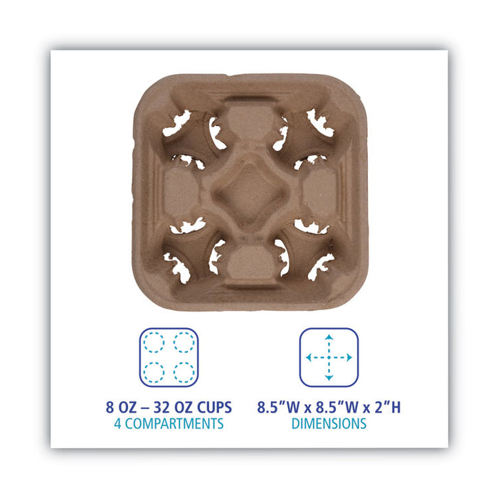 Cup Carrier Tray, 8 oz to 32 oz, Four Cups, Kraft, 300/Carton