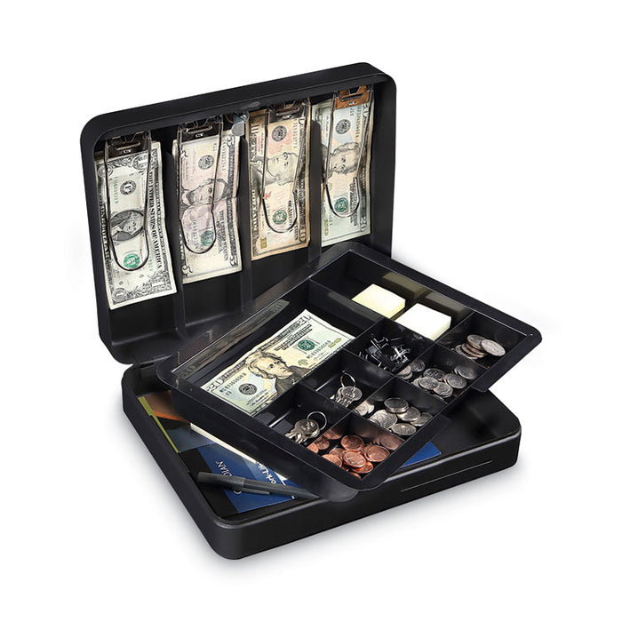 Deluxe Cash Security Box, 13 Compartments, Key Lock, 11.8" x 9.4" x 3.7", Black