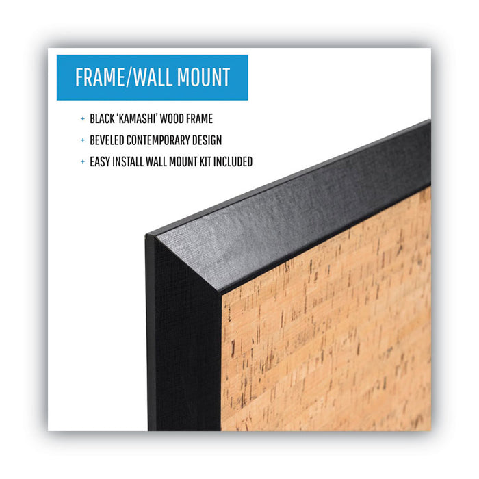 Natural Cork Bulletin Board, 36" x 24", Tan Surface, Black Wood Frame