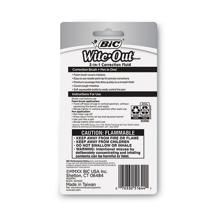 Wite-Out 2-in-1 Correction Fluid, Foam Brush and Rollerball Tip Applicators, 0.51 oz Bottle, White