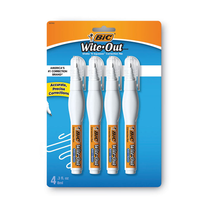 Wite-Out Shake 'n Squeeze Correction Pen, Needle Tip, 0.27 oz, White, 4/Pack