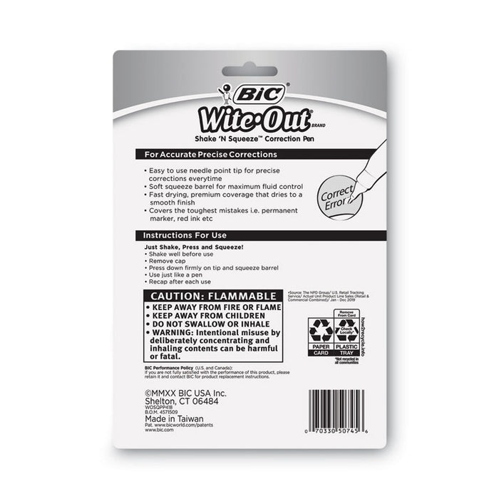 Wite-Out Shake 'n Squeeze Correction Pen, Needle Tip, 0.27 oz, White, 4/Pack