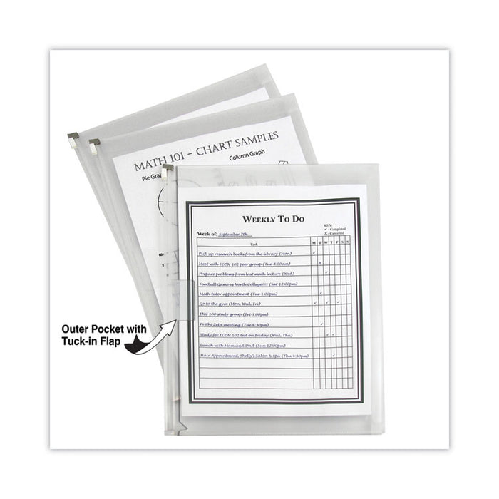 Zip 'N Go Reusable Envelope with Outer Pocket, 1" Capacity, 2 Sections, 10 x 13, Clear, 3/Pack