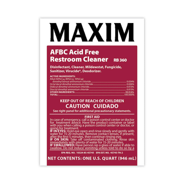 AFBC Acid-Free Restroom Cleaner, Safe-to-Ship, Fresh Scent, 32 oz Bottle, 6/Carton