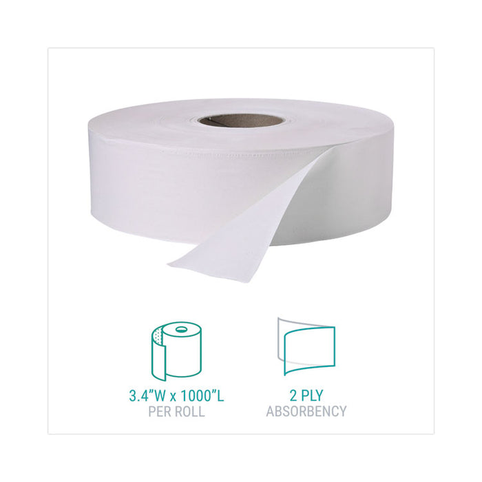 Jumbo Roll Bath Tissue, Septic Safe, 2-Ply, 3.4" x 1,000 ft, White, 12 Rolls/Carton