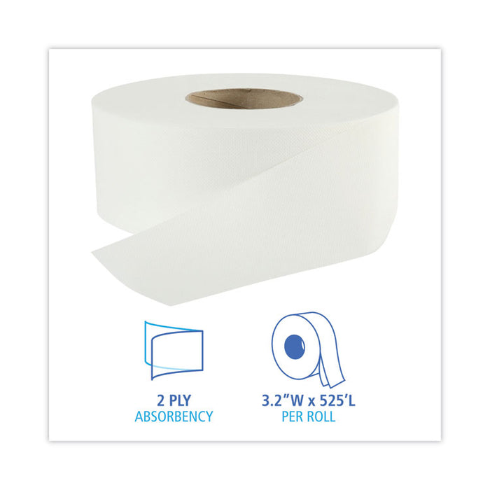 Jumbo Roll Bathroom Tissue, Septic Safe, 2-Ply, 3.2" x 525 ft, White, 12 Rolls/Carton