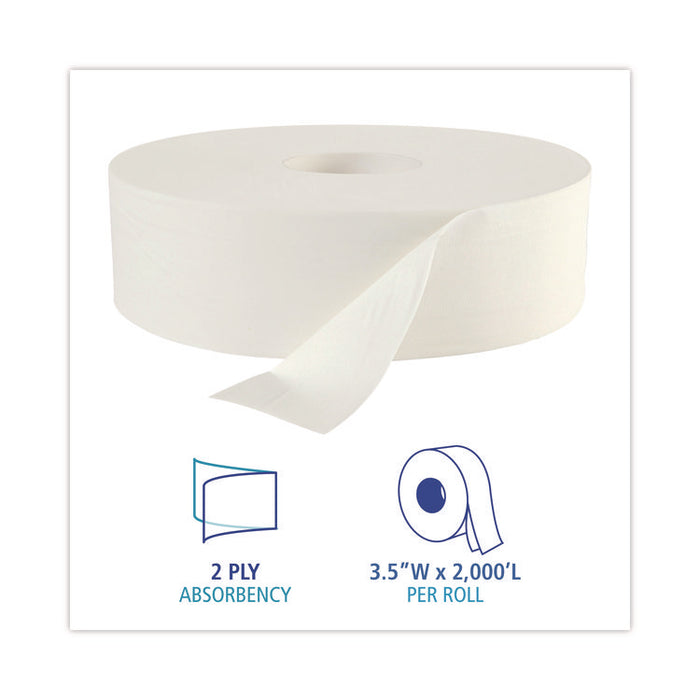 JRT Jumbo Roll Bathroom Tissue, Septic Safe, 2-Ply, 3.5" x 2,000 ft, White, 6 Rolls/Carton