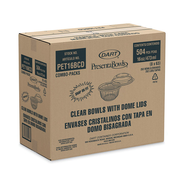 PresentaBowls Bowl/Lid Combo-Paks, 16 oz, 5.38" Diameter x 2.6" h, Clear, Plastic, 63/Pack, 4 Pack/Carton