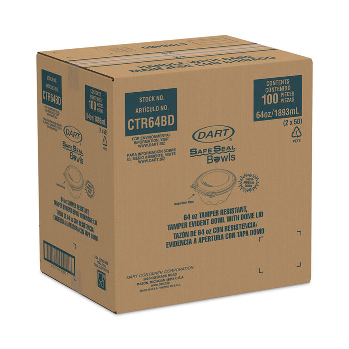 SafeSeal Tamper-Resistant, Tamper-Evident Bowls with Dome Lid, 64 oz, 8.9" Diameter x 4" h, Clear, Plastic, 100/Carton