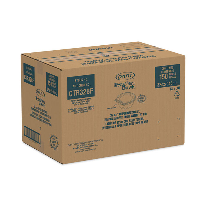 SafeSeal Tamper-Resistant, Tamper-Evident Bowls with Flat Lid, 32 oz, 7" Diameter x 3.2" h, Clear, Plastic, 150/Carton