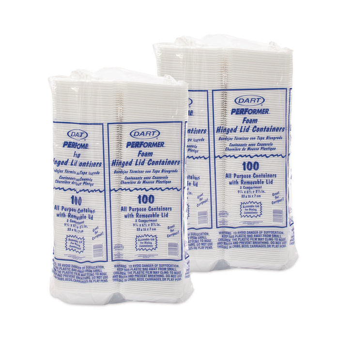 Foam Hinged Lid Containers, 6.4 x 9.33 x 2.9, White, 100/Bags, 2 Bags/Carton
