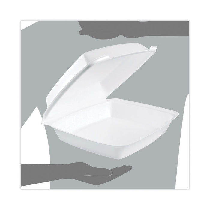 Hinged Lid Carryout Container, 9.5 x 10.33 x 3.5, White, Foam, 100/Bag, 2 Bags/Carton