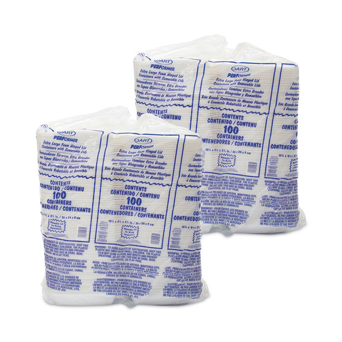 Hinged Lid Carryout Container, 9.5 x 10.33 x 3.5, White, Foam, 100/Bag, 2 Bags/Carton