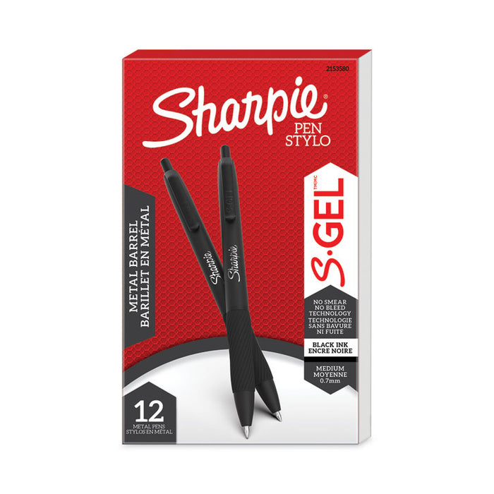 S-Gel Premium Metal Barrel Gel Pen, Retractable, Medium 0.7 mm, Black Ink, Black Barrel, Dozen