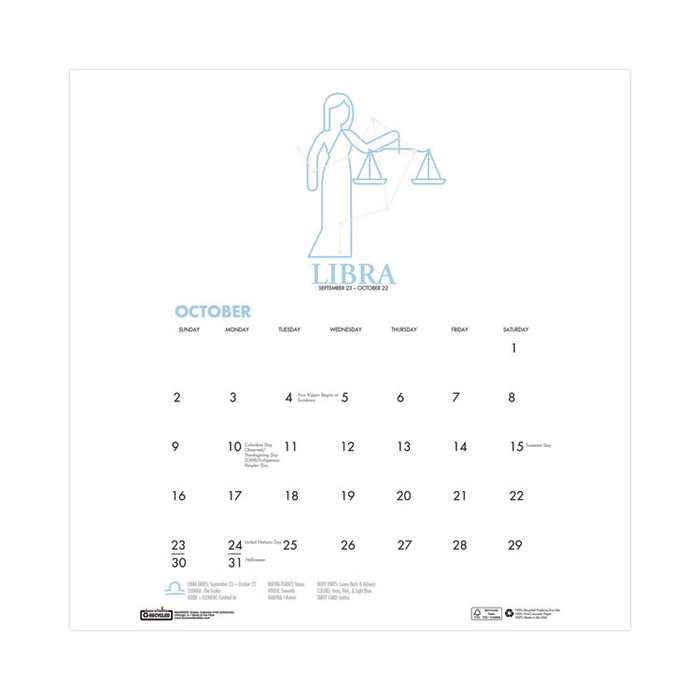 Recycled Academic Zodiac Wall Calendar, 11 x 14, Multicolor Sheets, 12-Month (Aug to July): 2025 to 2026