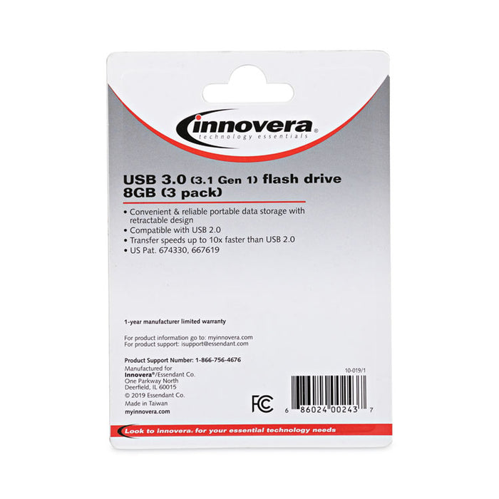 USB 3.0 Flash Drive, 8 GB, 3/Pack