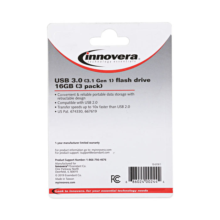 USB 3.0 Flash Drive, 16 GB, 3/Pack