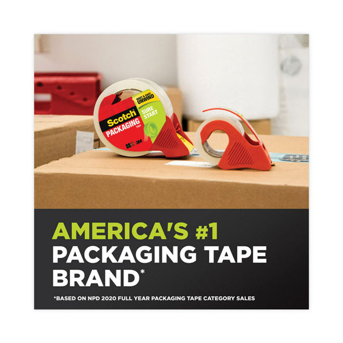 Sure Start Packaging Tape with Dispenser, 1.5" Core, 1.88" x 22.2 yds, Clear, Gloss Finish, 6/Pack