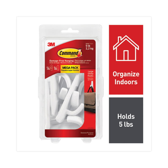 Large Utility Hooks, Plastic, White, Supports 5 lb, 14/Pack
