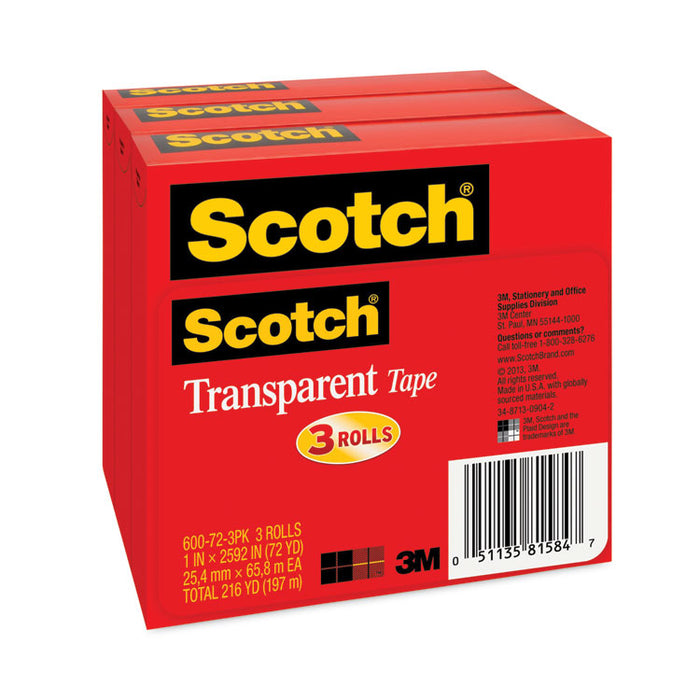 Transparent Tape, 3" Core, 1" x 72 yds, 3/Pack