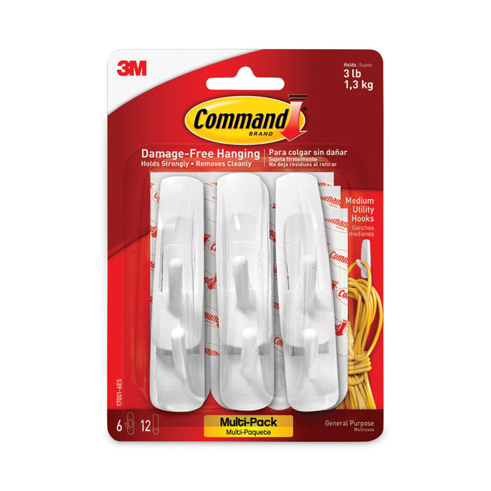 Medium Utility Hooks, Plastic, White, Supports 3 lb, 6/Pack