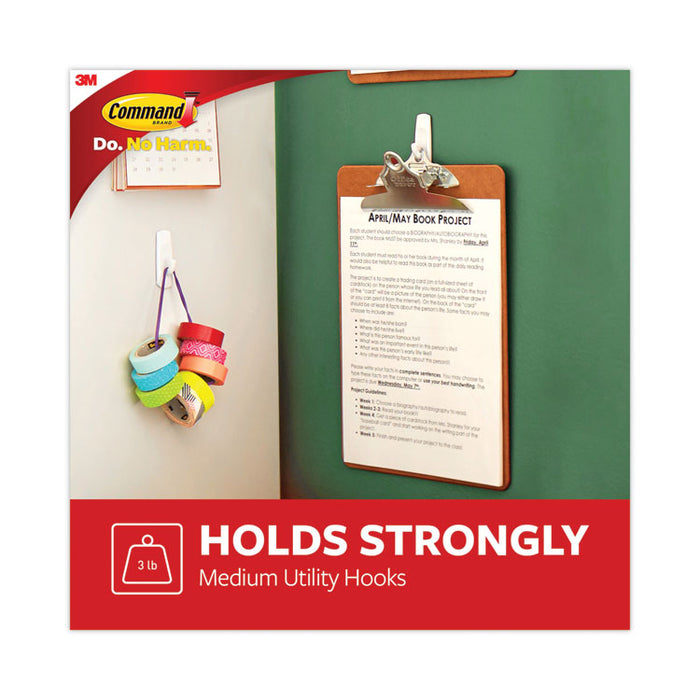 Medium Utility Hooks, Plastic, White, Supports 3 lb, 6/Pack