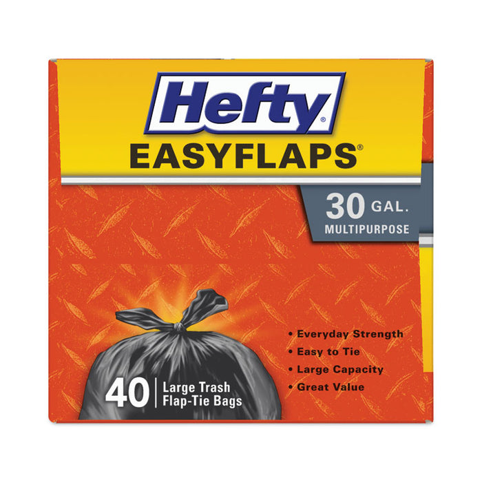 Easy Flaps Trash Bags, Tie-Flap, 30 gal, 0.85 mil, 30" x 33", Black, 40 Bags/Box, 6 Boxes/Carton
