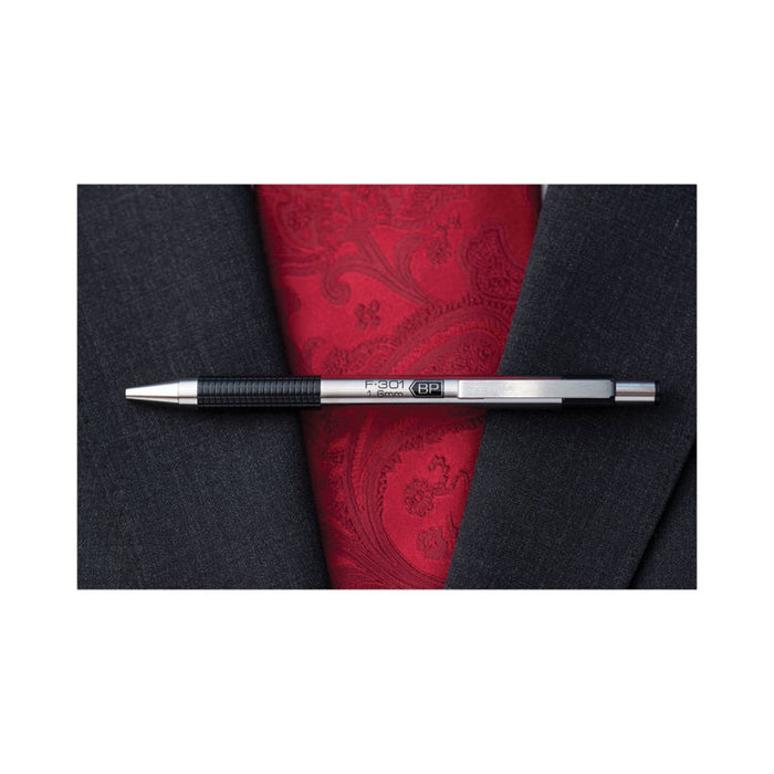 F-301 Ballpoint Pen, Retractable, Bold 1.6 mm, Black Ink, Stainless Steel/Black Barrel, 12/Pack