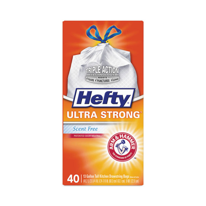 Extra Heavy-Duty Ultra Strong Tall Kitchen Trash Bags, Drawstring, 13 gal, 23.75" x 24.88", White, 40/Box
