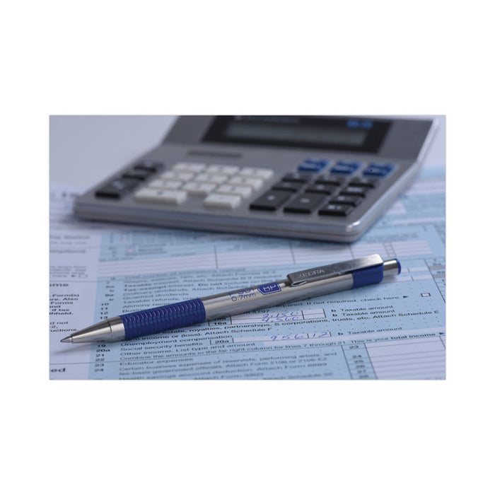 F-301 Ballpoint Pen, Retractable, Fine 0.7 mm, Blue Ink, Stainless Steel/Blue Barrel, 2/Pack