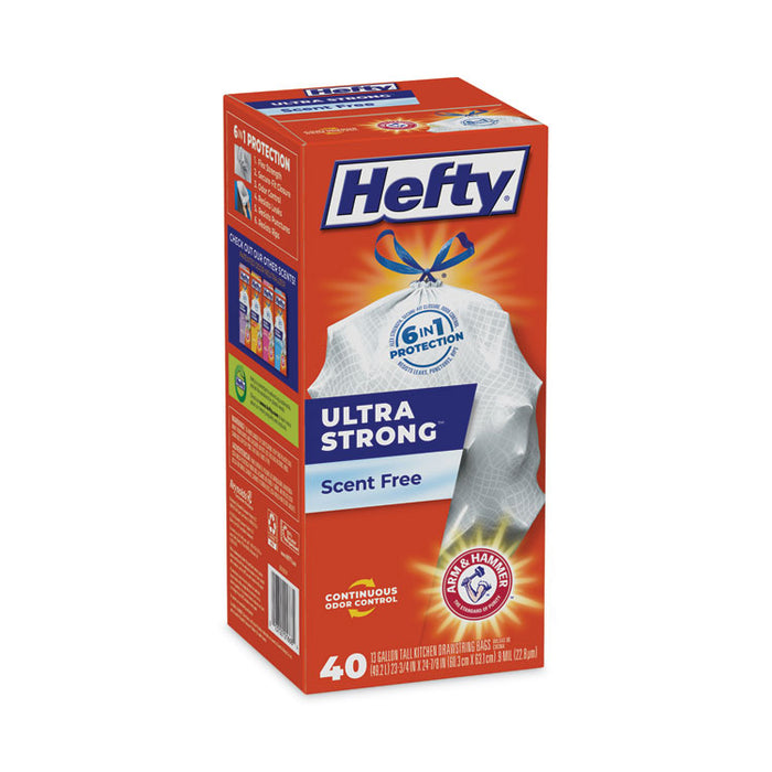 Extra Heavy-Duty Ultra Strong Tall Kitchen Trash Bags, Drawstring, 13 gal, 23.75" x 24.88", White, 40/Box