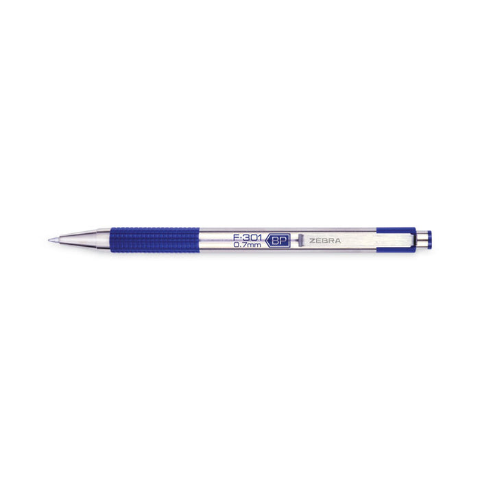 F-301 Ballpoint Pen, Retractable, Fine 0.7 mm, Blue Ink, Stainless Steel/Blue Barrel, 2/Pack