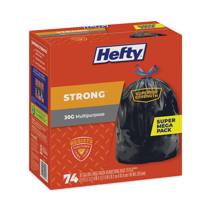 Strong Multipurpose Drawstring Trash Bags, 30 gal, 1.1 mil, 30" x 33", Black, 74 Bags/Box, 3 Boxes/Carton