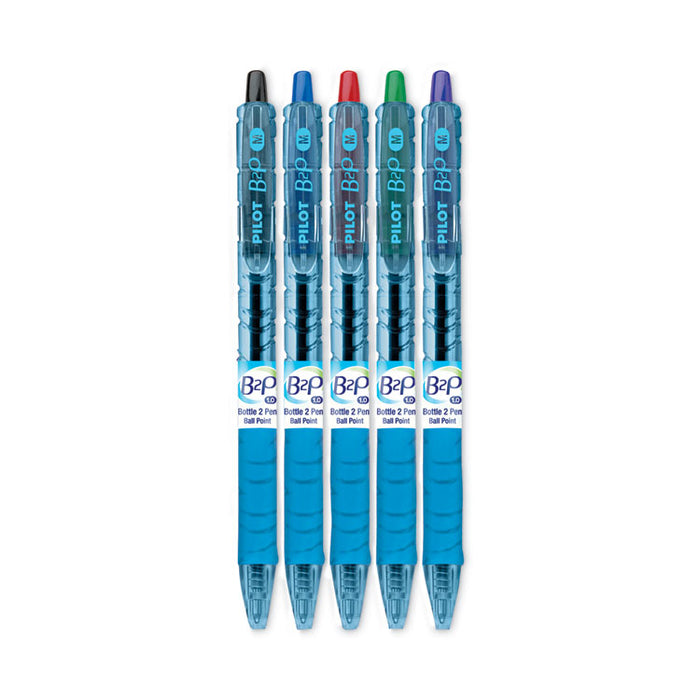 B2P Bottle-2-Pen Recycled Ballpoint Pen, Retractable, Medium 1 mm, Assorted Ink Colors, Translucent Blue Barrel, 5/Pack