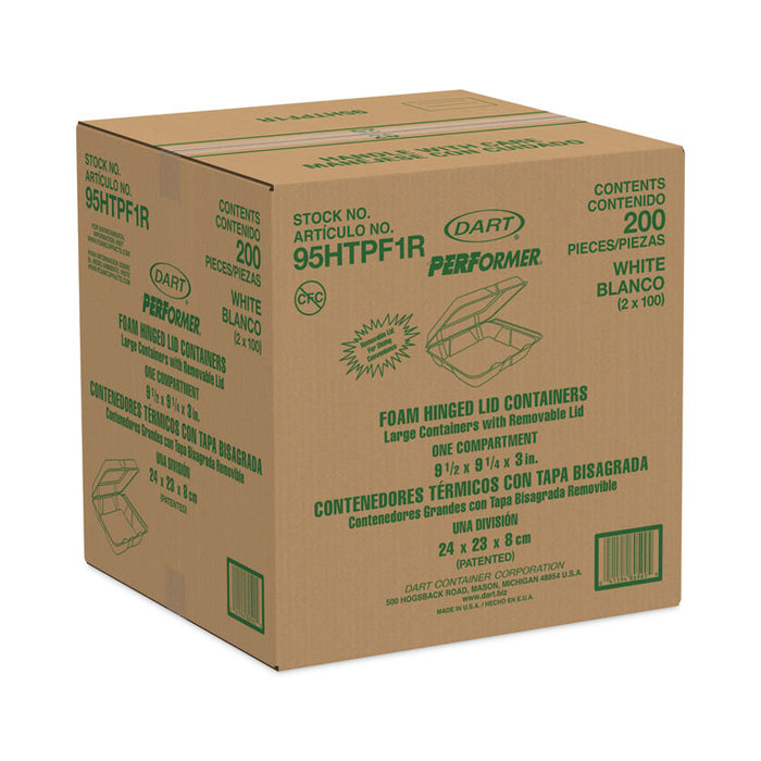 Foam Hinged Lid Container, Performer Perforated Lid, 9.3 x 9.5 x 3, White, 100/Bag, 2 Bag/Carton