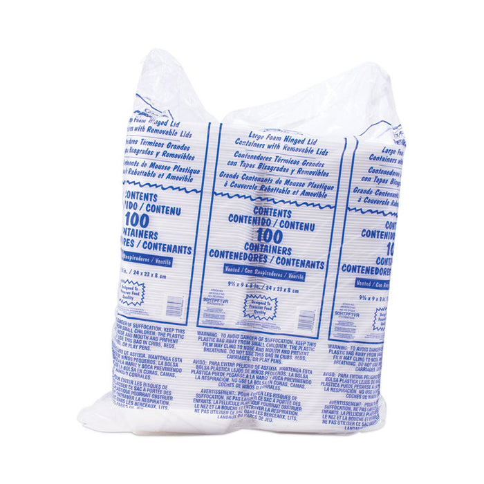Foam Hinged Lid Container, Vented Lid, 9 x 9.4 x 3, White, 100/Pack, 2 Packs/Carton