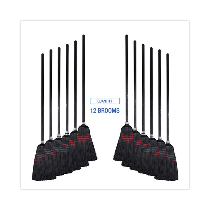 Flagged Tip Poly Bristle Janitor Brooms, 10 x 58.5, Wood Handle, Natural/Black, 12/Carton