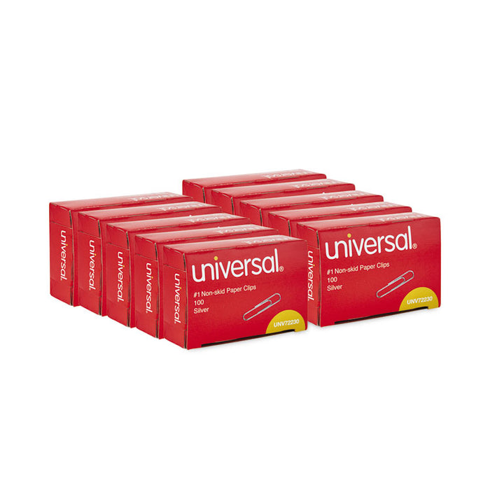 Paper Clips, #1, Nonskid, Silver, 100 Clips/Box, 10 Boxes/Pack