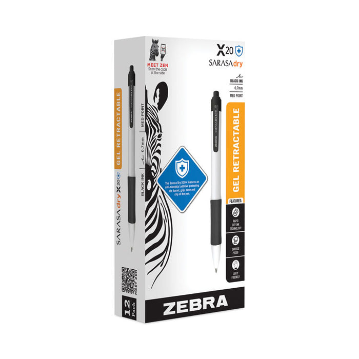 Sarasa Dry X20+ Gel Pen with Antimicrobial Product Protection, Retractable, Fine 0.7 mm, Black Ink, White/Black Barrel, Dozen