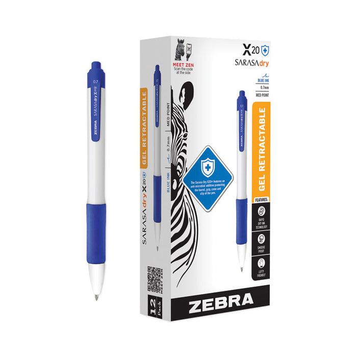 Sarasa Dry X20+ Gel Pen with Antimicrobial Product Protection, Retractable, Fine 0.7 mm, Blue Ink, White/Blue Barrel, Dozen