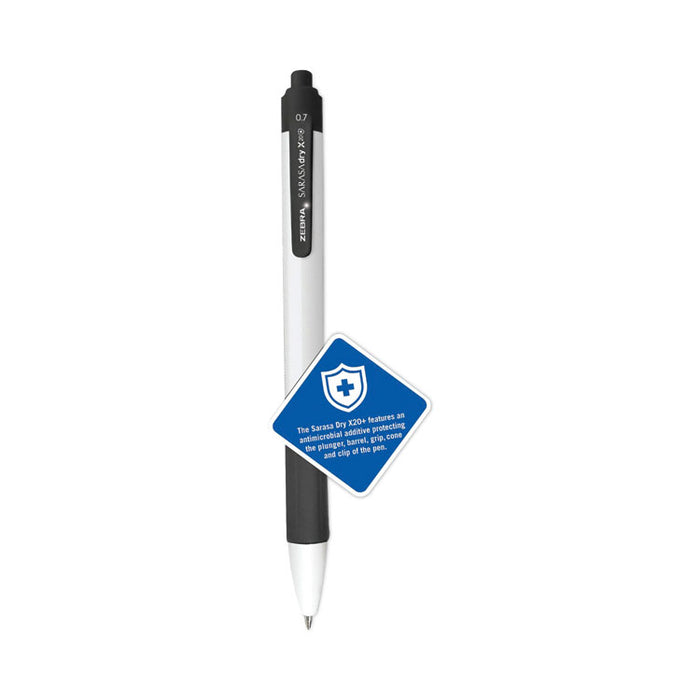 Sarasa Dry X20+ Gel Pen with Antimicrobial Product Protection, Retractable, Fine 0.7 mm, Black Ink, White/Black Barrel, Dozen
