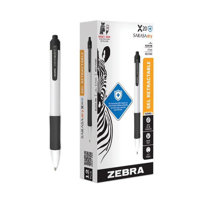 Sarasa Dry X20+ Gel Pen with Antimicrobial Product Protection, Retractable, Fine 0.7 mm, Black Ink, White/Black Barrel, Dozen