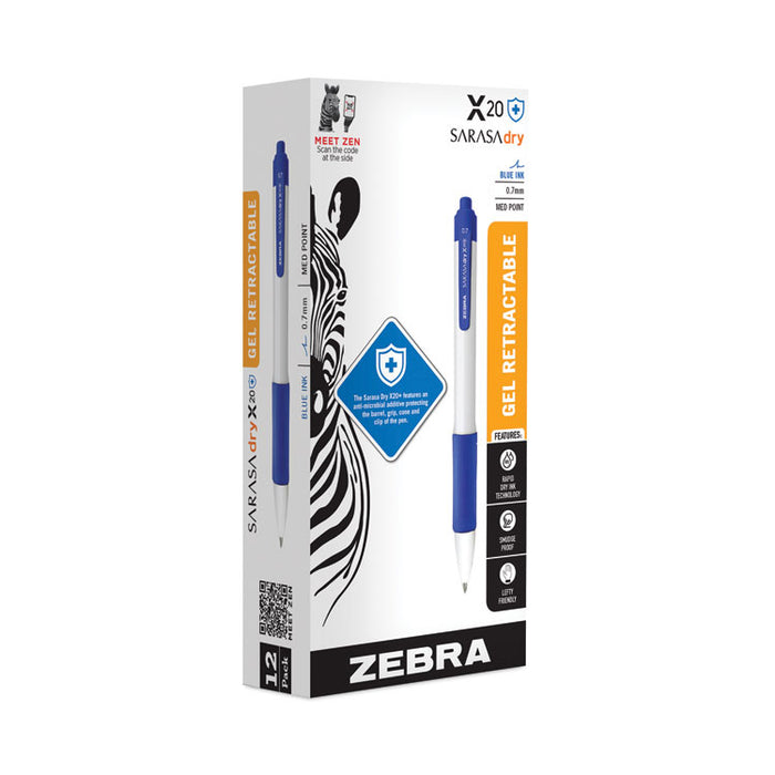 Sarasa Dry X20+ Gel Pen with Antimicrobial Product Protection, Retractable, Fine 0.7 mm, Blue Ink, White/Blue Barrel, Dozen