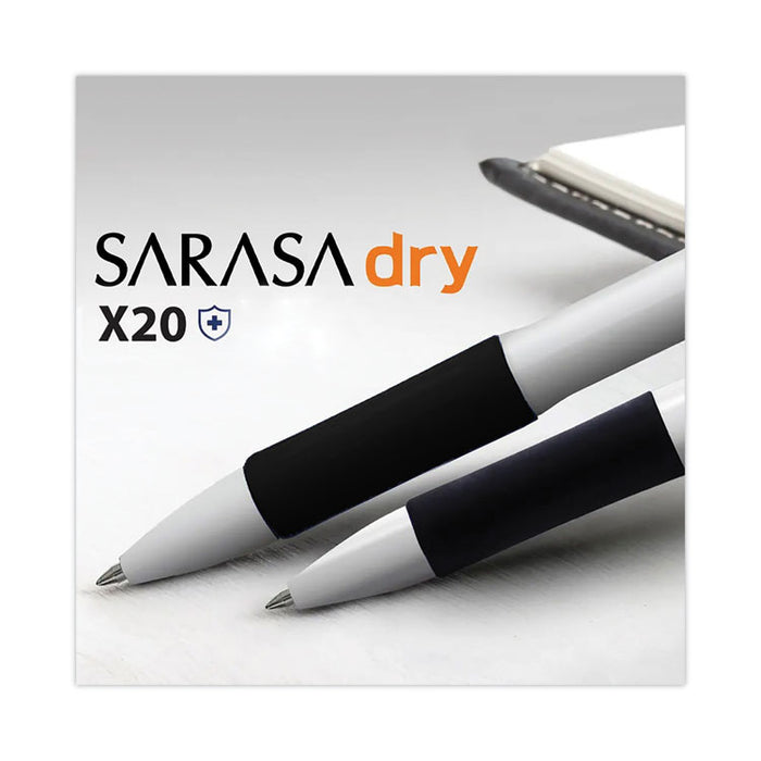 Sarasa Dry X20+ Gel Pen with Antimicrobial Product Protection, Retractable, Fine 0.7 mm, Black Ink, White/Black Barrel, Dozen