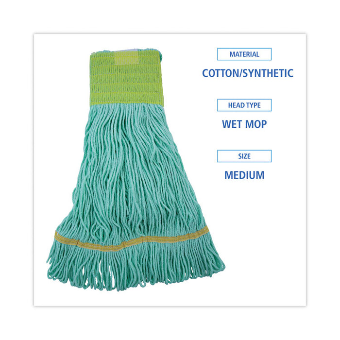 EcoMop Looped-End Mop Head, Recycled Fibers, Medium Size, Green, 12/Carton