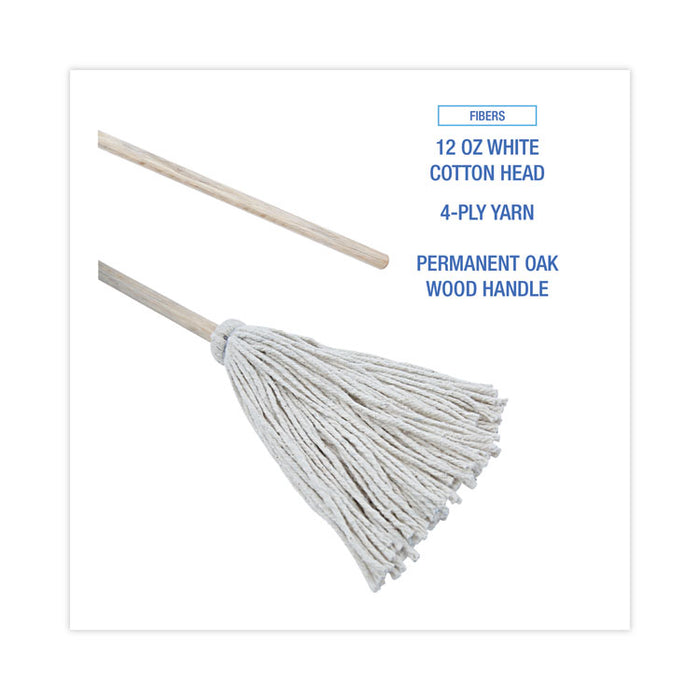 Handle/Deck Mops, #12 White Cotton Head, 48" Natural Wood Handle, 6/Pack
