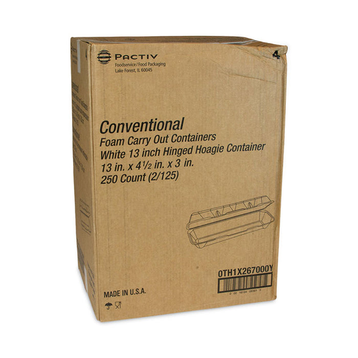 Foam Hinged Lid Containers, Dual Tab Lock Hoagie, 13 x 4.5 x 3, White, 250/Carton