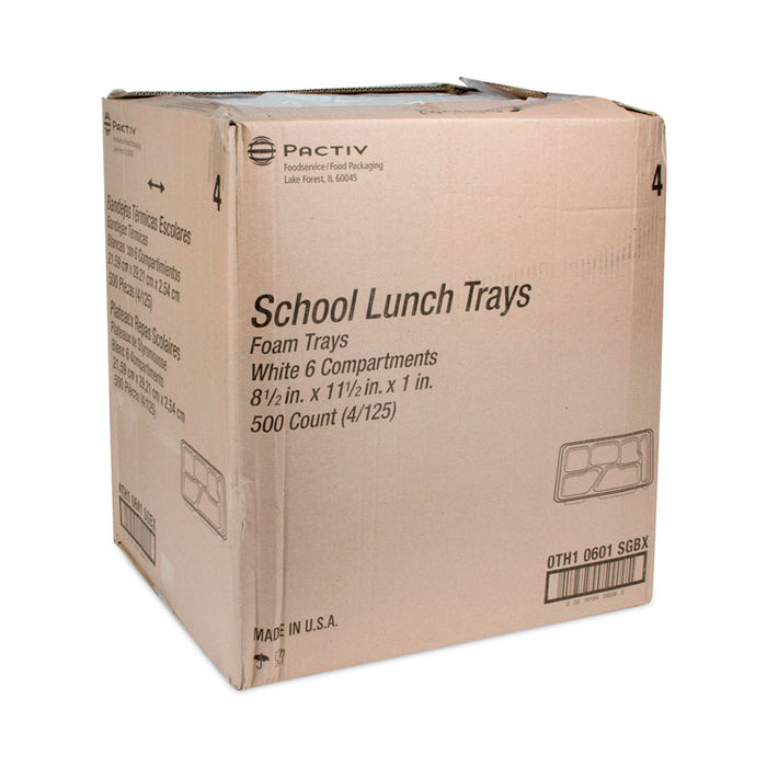 Foam School Trays, 6-Compartment Tray, 8.5 x 11.5 x 1.25, White, 500/Carton