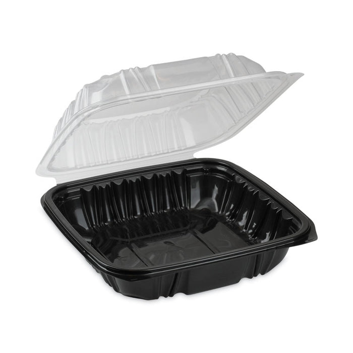 EarthChoice Vented Dual Color Microwavable Hinged Lid Container, 28 oz, 7.5 x 7.5 x 3.1, Black/Clear, Plastic, 150/Carton