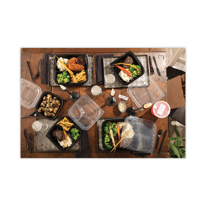 EarthChoice Vented Dual Color Microwavable Hinged Lid Container, 3 Compartment Base/Lid, 33 oz, Black/Clear, Plastic, 150/CT